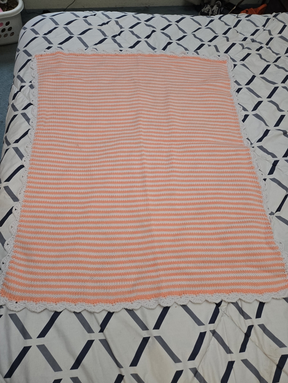Handmade Crochet Baby Blanket in Peach and White Stripes